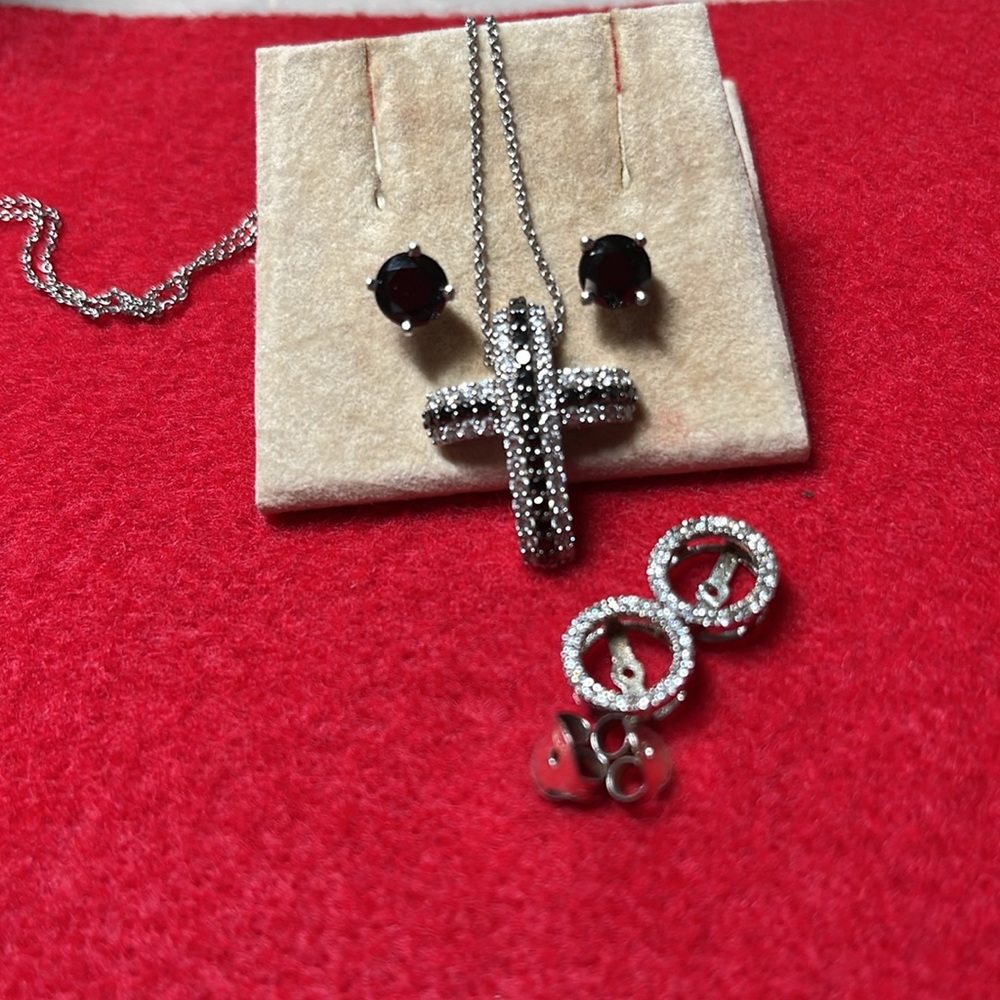 Sterling Black Spinel and Swarovski Clear Crystals Earrings & Cross